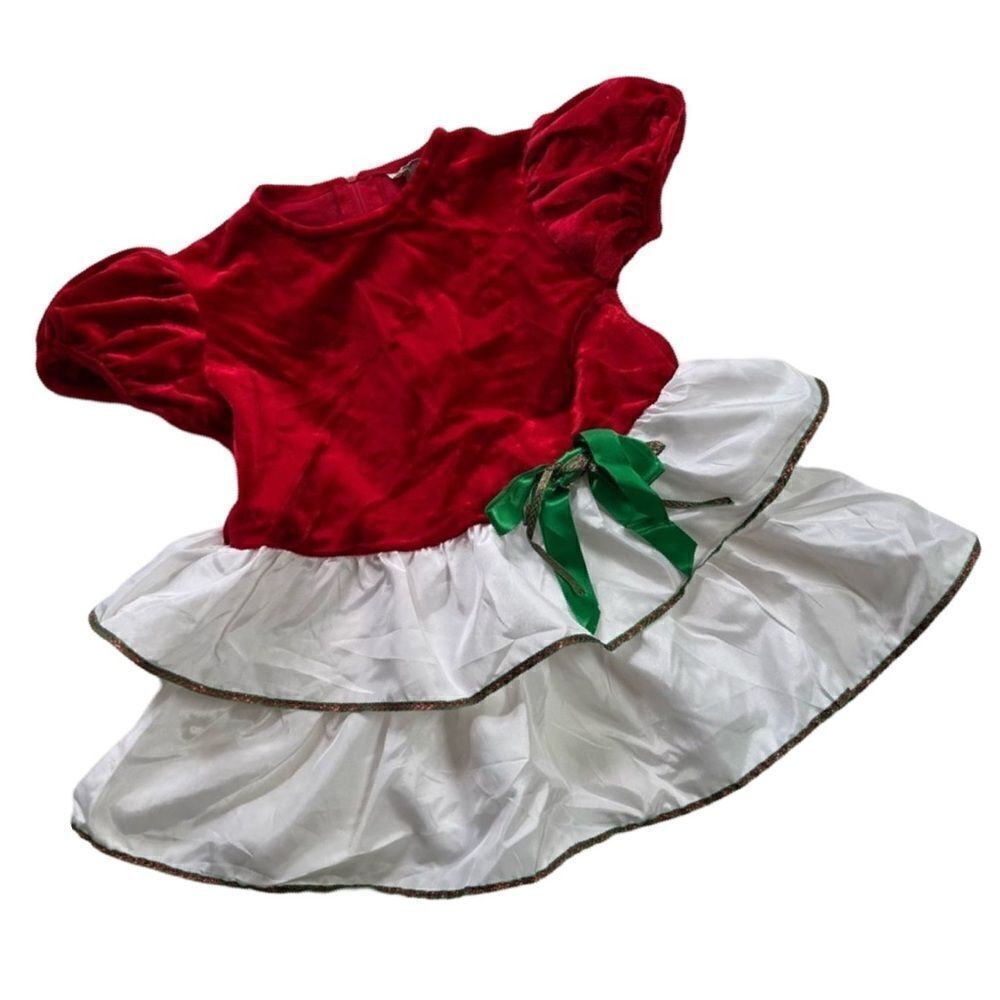 Vintage ILGWU 80s / 90s Red Velvet Tiered Green Bow Fancy Holiday Dress